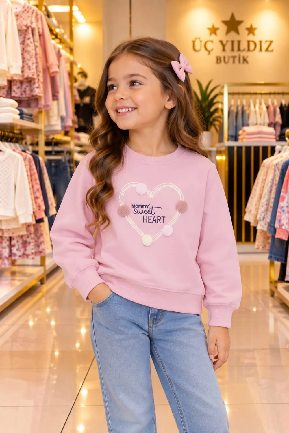 Açık Pembe Kalp Baskılı Sweatshirt (Kız Çocuk) - ana görünüm