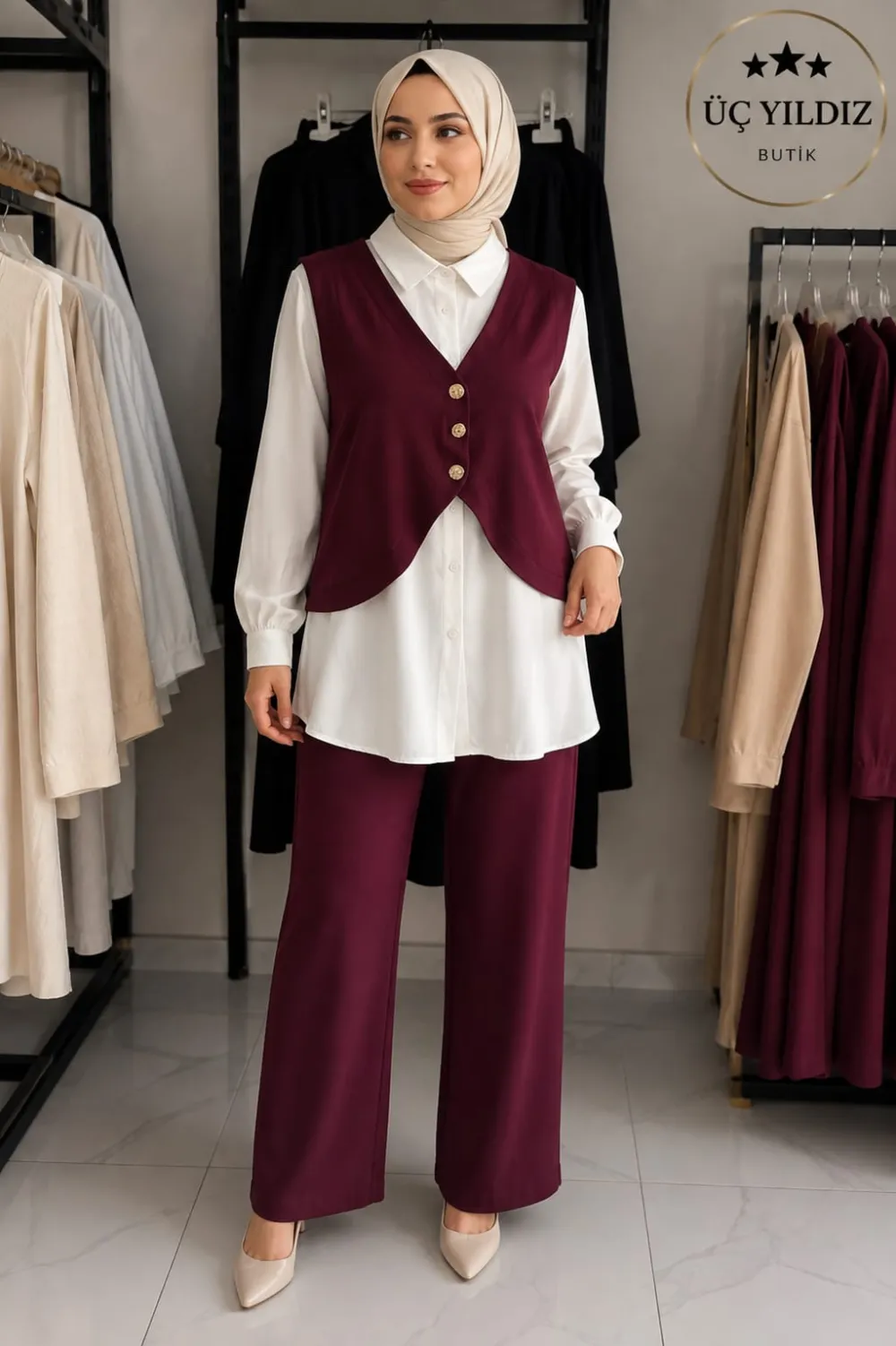 Mürdüm Düğmeli Yelek ve Geniş Paça Pantolon Takımı - ana görünüm