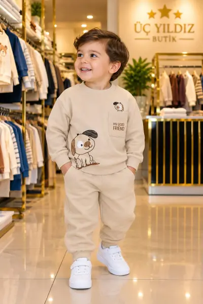 Krem Baskılı Sweatshirt Pantolon Takımı (Erkek Çocuk) - ana görünüm